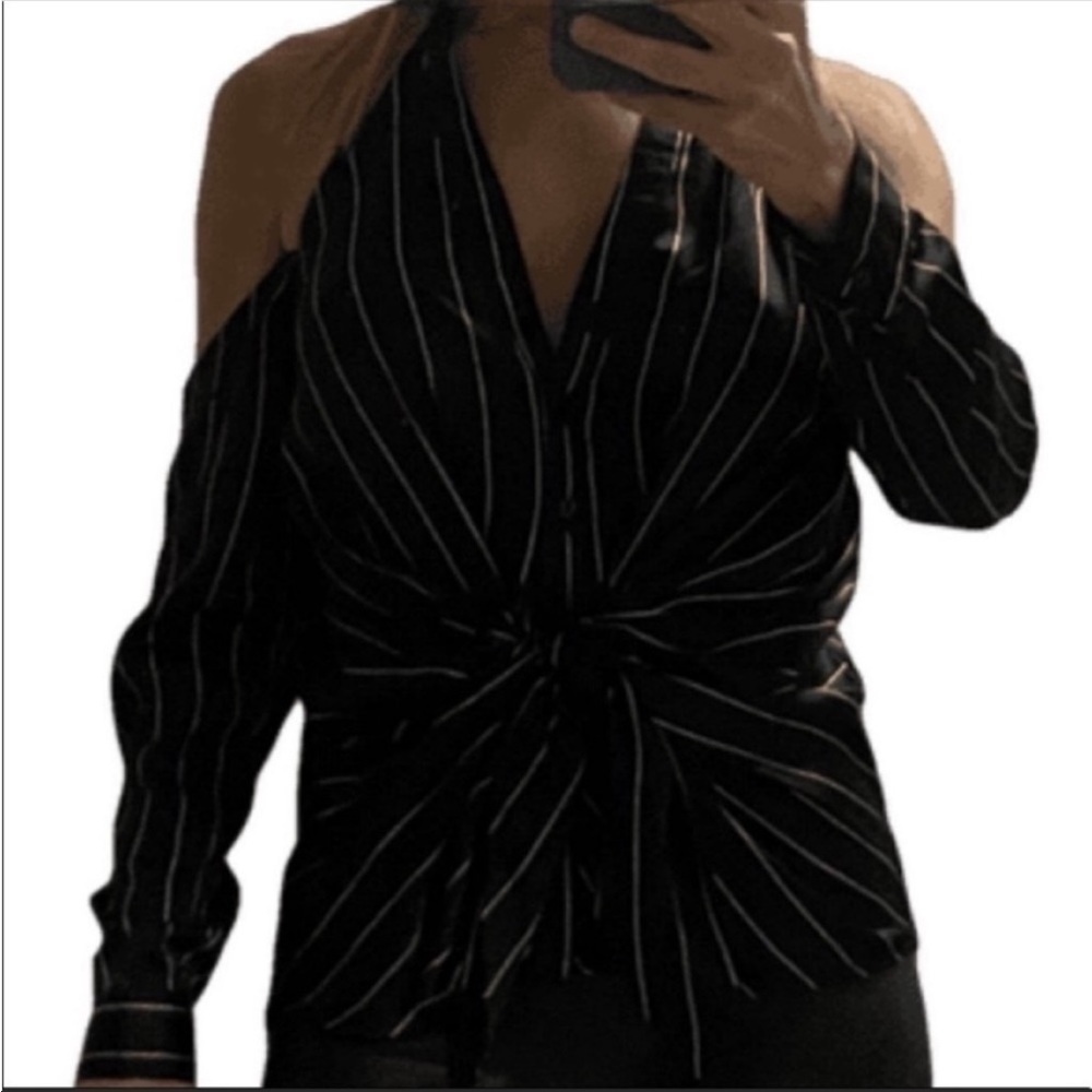 Lulumari cold shoulder halter long sleeves waist tie striped tuxedo top. Small.